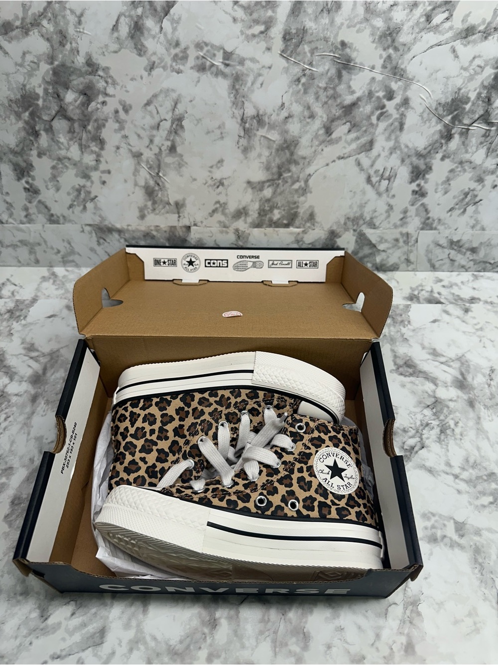 Converse Leopard Print High Top Sneakers in Tan and Black